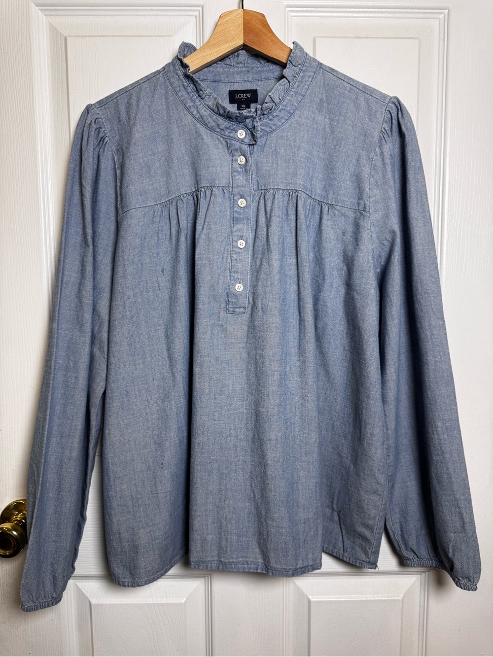 J.Crew NWT Chambray Ruffle Collar Puff Sleeve Cotton Blouse Top XL